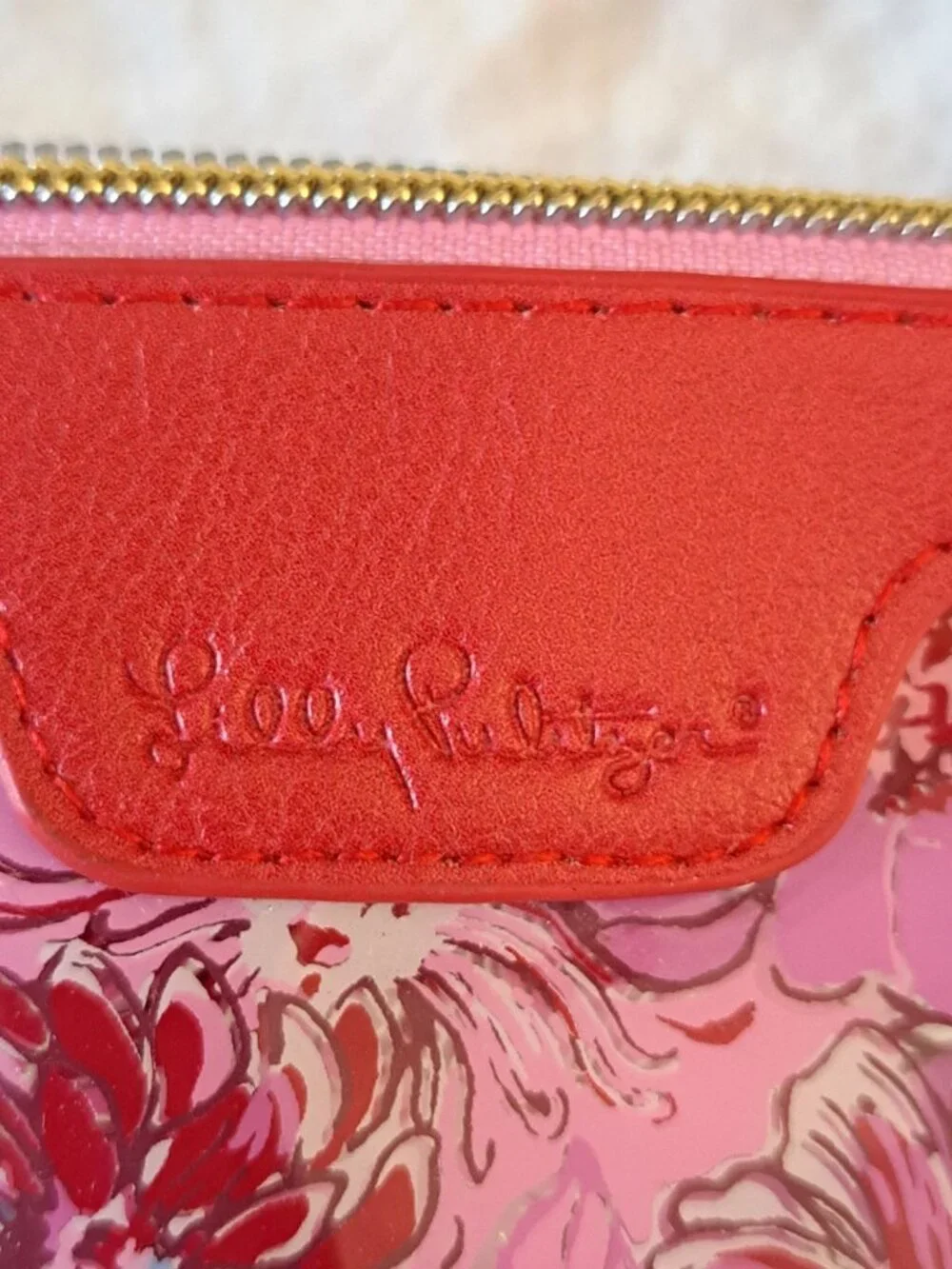 Lilly Pulitzer Printed Floral Makeup Bag Pouch Red Faux Leather Zipper Closure